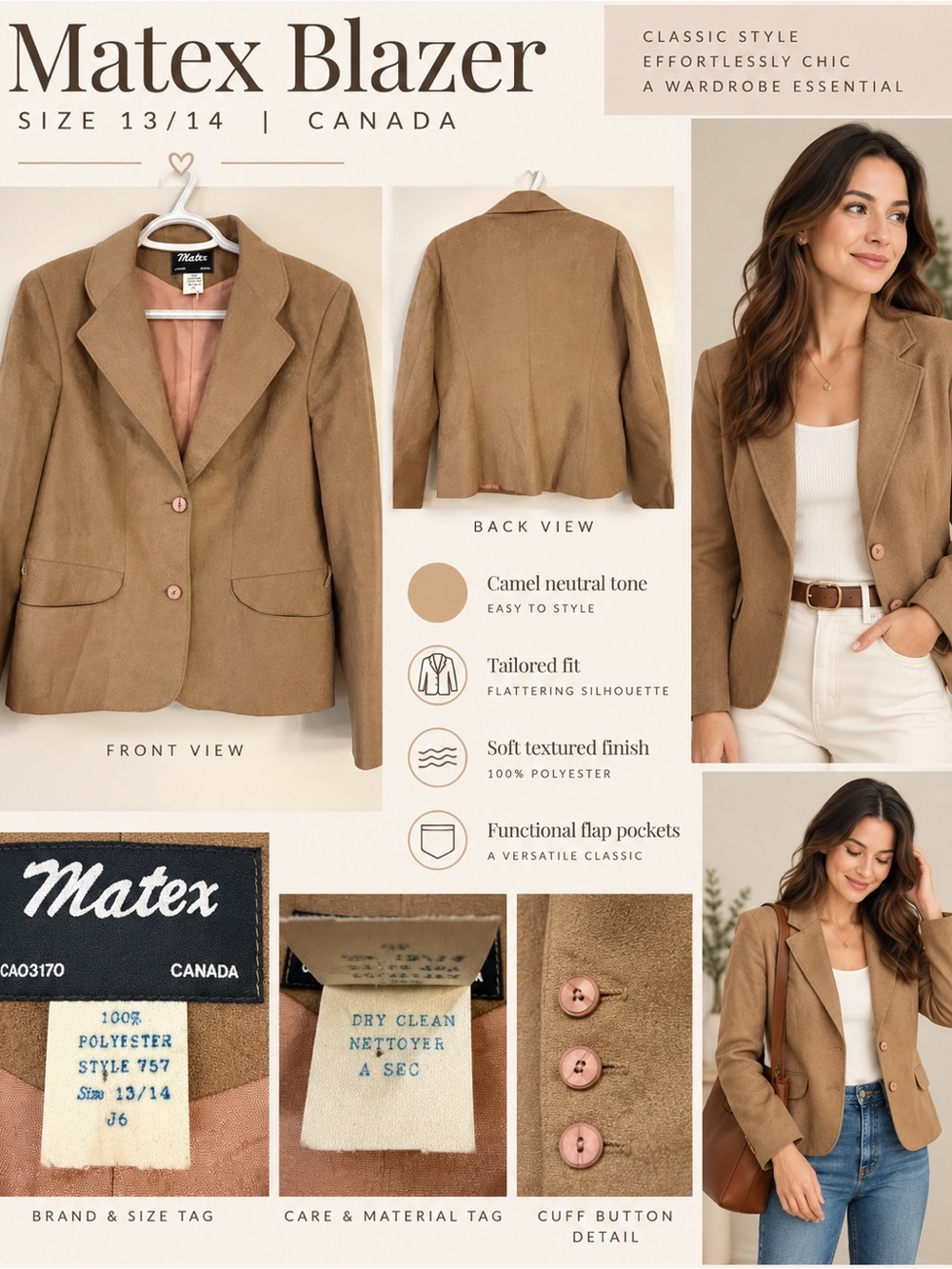 Vintage Matex Canada Camel Blazer Size 13/14